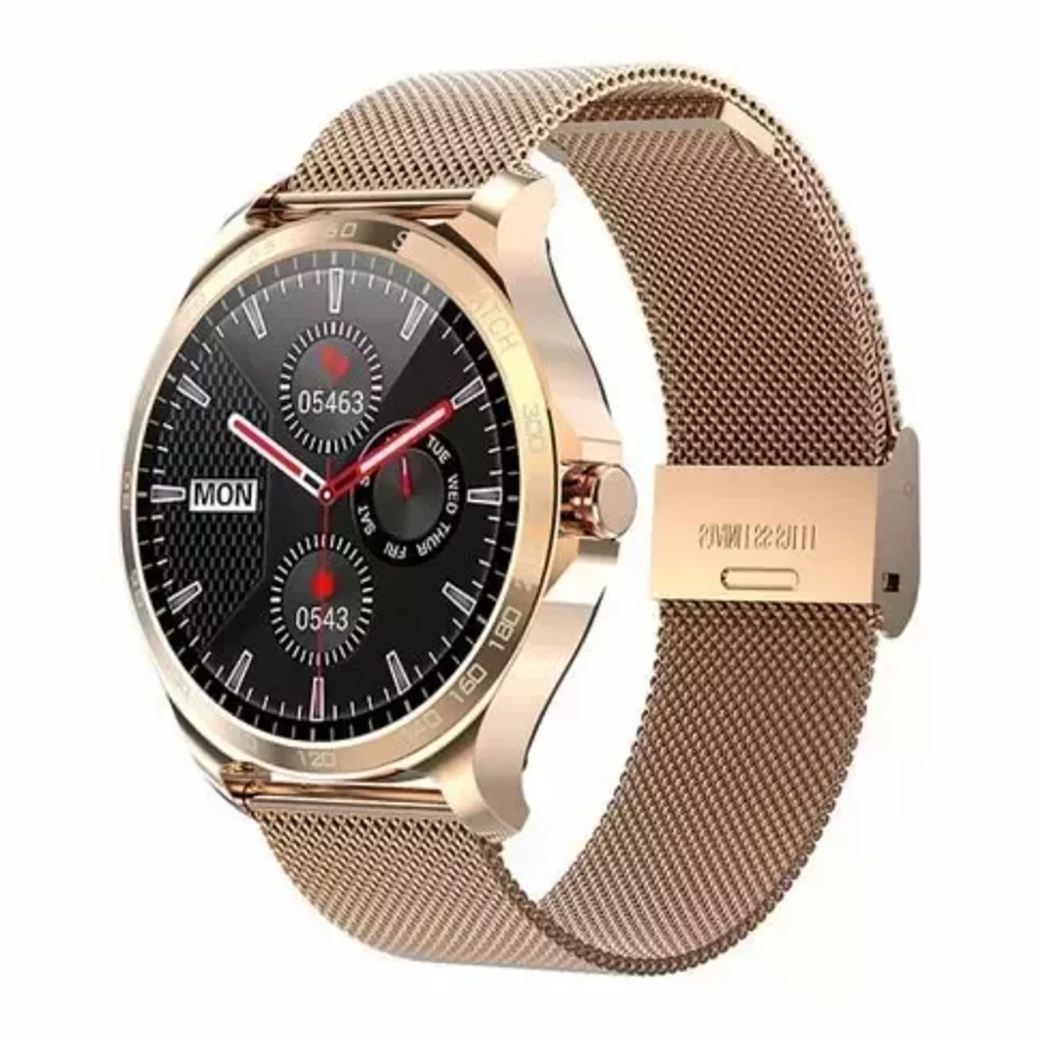 Smartwatch Garett Sport Factory RT złoty, stalowy na bransolecie w kolorze różowego złota.  (1).webp